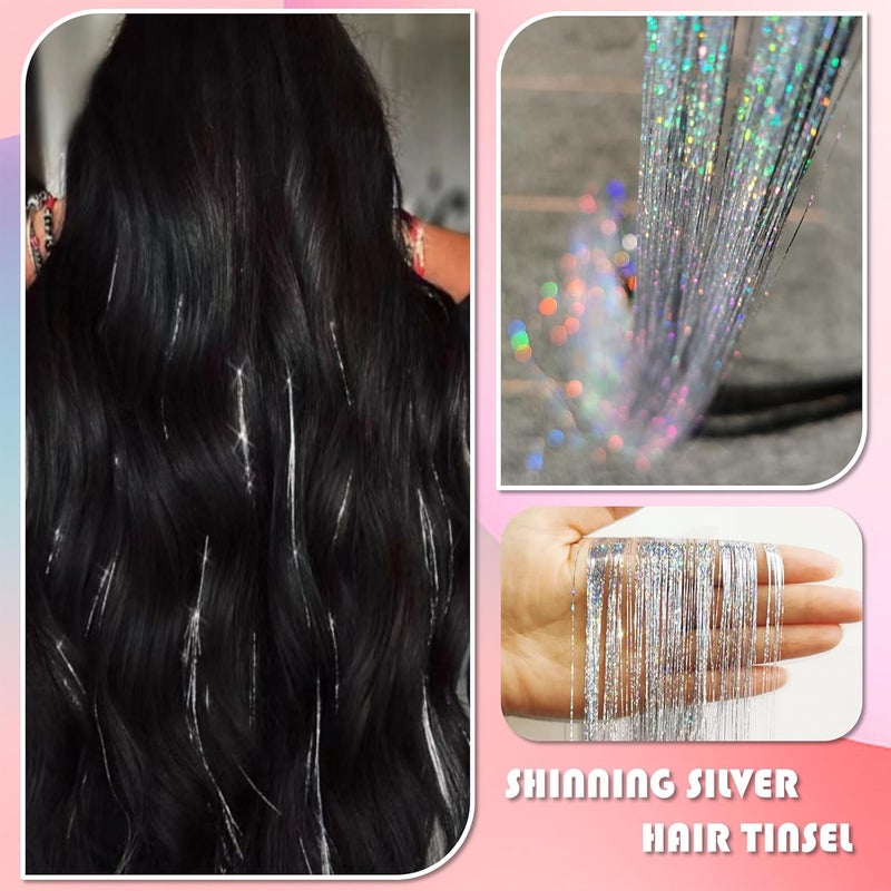 Fiwecos Silver Hair Tinsel Kit 48 Inches 1200 Strands with Tools and Instruction Easy to Install Fairy Glitter Tinsel Hair Extensions for Women and Girls，Shinny Sparkling Braiding Hair Accessories for Halloween Cosplay Party - Image 2